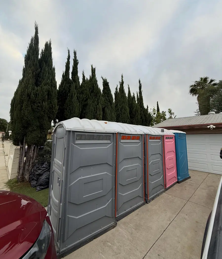 Row of gray and colored porta potties along a street